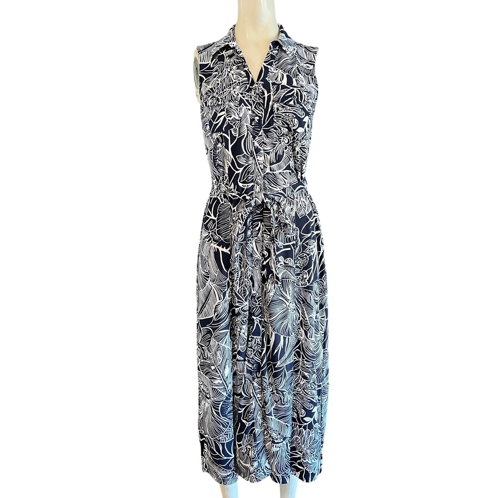 Talbots Petites Navy White Tropical Floral Sleeveless Maxi Shirt Dress MP